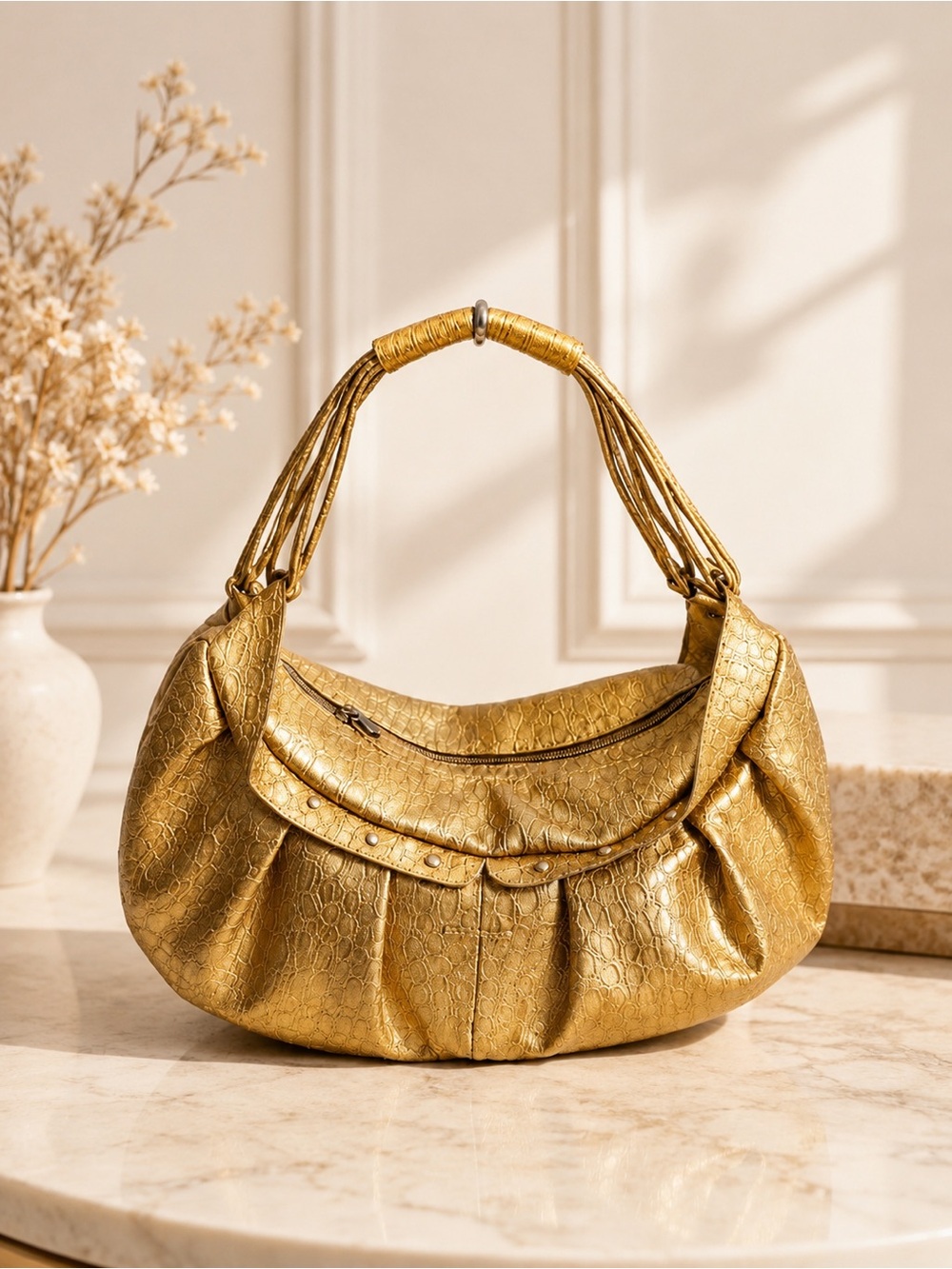 Charlie Lapson Gold Metallic Croc Embossed Shoulder Bag Slouchy Bag
